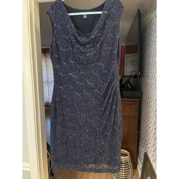 Lauren Ralph Lauren Lace Sequence Ruched Asymmetrical Navy Blue Dress 16W - Picture 2 of 13